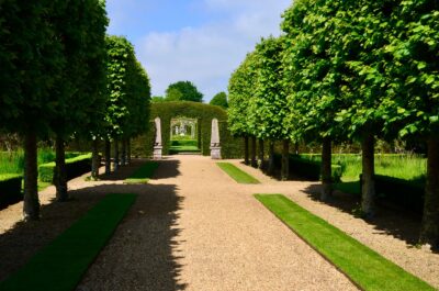 Allée de jardin aménagée bordée de haies symétriques